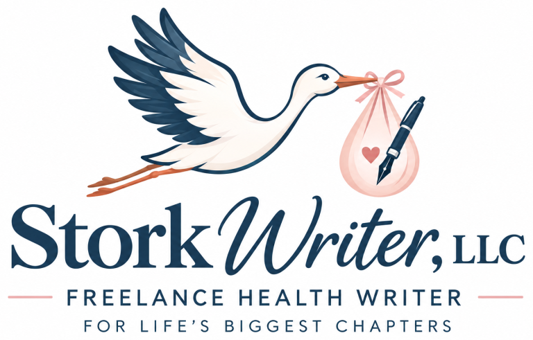 Stork Writer, LLC logo: a stork carrying a bundle and fountain pen